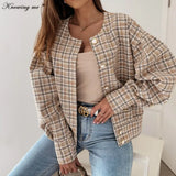 Spring Women Buttons Cardigan coat Elegant casual Short Jacket Casual o neck Long Sleeve coat office Lady plaid print