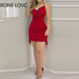 Women Halter Backless Drawstring Ruched Bodycon Dress Party Sexy Dress Elegant Fashion