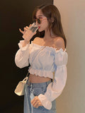 Women Top Sexy Blouse Off Shoulder Top Long Sleeve Solid Color White Shirt Puff Sleeve Ruffle Tunic Crop Top Summer Tube