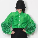Zingj And Summer New Niche Design Sense Lapel Single Breasted Flounce Splicing Personality Loose Foreign Style Shirt
