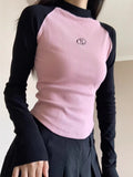 Slim Chic Bottoming Tshirts Contrast Color Patchwork Letter Print Tee Shirts Y2k Aesthetic Sexy Outer Wear Women