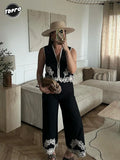 Women Embroidery High Waist Wide Leg Pant Set Fashion V Neck Sleeveless Single Breasted Vest Suits 2024 New Lady Street