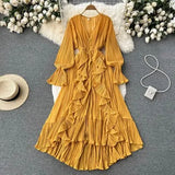 Fairy Seaside Resort Chiffon Long Dress Women's Lotus Leaf Lace V-neck Temperament Crimped Waist Slim