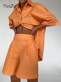 Summer Casual Short Set Pocket Tracksuit Loungewear Co-ord Women Outfits Long Oversized Shirt And High Waist