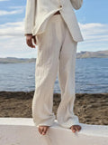 Women Solid One Button Wrinkled Blazer Suits Causal Oversized High Waist Wide Legs Pants Set Fashion Lady Street