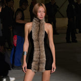 2025 Autumn New Women's Sexy Hanging Neck Hairy Neck Stitching Bump Color Bag Hip