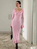 Pink Ruffled Long Sleeve Knit Midi Dress-Outfit