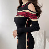 Zingj New Half-High Collar Design Bare Shoulder Slim Knitted Dress Stripe Color High Waist Slit Hip