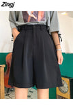 Women Summer Button Knee-length Black Wide-leg Loose Drape Korean-style Casual Womens Office BF Streetwear Fashion