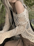 Crochet Hollow Long Sleeve Knit Top-Outfit