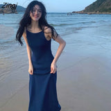 Dress Women Pure Color Fashion Vacation French Style Beach Loose Simple Spaghetti Comfortable Strap High Waist