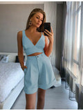 Summer V Neck Strap Crop Top + High Waist Shorts Women's Solid Color