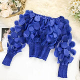 Off Shoulder womens tops and blouses Mesh Sheer Puff Sleeve Tops Summer 3D Flower Vintage White Women Shirt