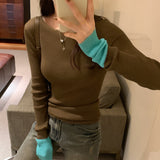 Version Of Chic Round Neck, Coloured Sleeves, Knitted Sweater, Autumn And Winter, A New Slim, Thin, Underwear