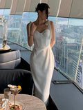 New Elegant Summer Sleeveless White Bodycon Dress Sexy Spaghetti Strap Midi Dress Office Lady Celebrity Party