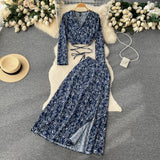 Zingj And Autumn Holiday Style Vintage Flower Suit Women's Long-Sleeved French Thin V-Neck Blouse + Forked Skirt Two