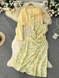 Women Two Piece Set Beach Vacation Long Sleeve Cardigans + Floral Spaghetti Strap Midi Dress Female Suit New