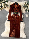 Retro Long-Sleeved Gold Velvet Dress Women's High-End Light Extravagant Suit Collar Waist Metal Button Medium