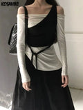 Spring Slim Fit Two Pieces Set Women Grunge Solid Pleated Split Tops + Sleeveless Solid One Shoulder Vest Y2k
