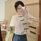 Women New Chinese Style Button Design Vintage Tender Stand Collar Fashion Loose Casual Solid Temperament Summer