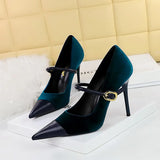 Zingj Banquet High Heels Fine Heel Shallow Pointed Top Xishi Suede Stitching Pointed Metal Buckle One Word Strip Single