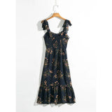 For Women Elegant Vintage Floral Dress Frill Sweetheart Neck Sleeveless Strap Tie Ruffle Hem Summer Beach