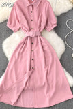 Vintage Green/Blue/Red Turn-Down Collar Single Breasted Dress Casual Short Sleeve High Waist A-Line Midi Robe New