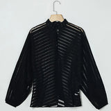 Black Women Mesh Sheer Blouses Ladies Long Sleeve Striped Front Hollow Out Transparent Shirts Blusas Mujer