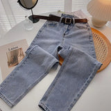 Straight Jeans Women with Belt Vintage Basic Blue Ankle-length Denim Pants Plus Size Boyfriend Gray Jeans