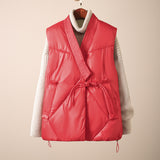 2024 Autumn Winter New Literature And Art Retro Plate Buckle Short Padded Jacket Vest Female Loose Thin Cross V Collar Vest-Outfit