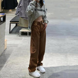 Women Vintage Streetwear Brown Baggy Cargo Jeans High Waiste Straight Wide Leg Pants Denim Trousers Fairy Grunge Alt