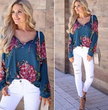 V Neck summer printed Flora lace Up chiffon blouse Ladies Long Sleeve Shirts blusas mujer de moda