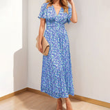Women's Dress 2025 Dress New Temperament Pastoral Print V To Receive Waist Dress Dress