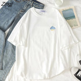 Women Short Sleeve T-shirts O-neck Embroidery Casual Simple Soft Korean Style Trendy Loose Tops Womens Sweet Girls Harajuku