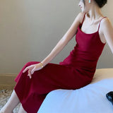Women New Spaghetti Strap Elegant Party Dress Female Fashion Sexy Split Midi Dress Ladies Sleeveless Beach