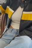 Streetwear Stripe Patchwork Moto Style PU Leather Jacket Female Winter Coat Zip Up Outwear Biker Racing Jackets