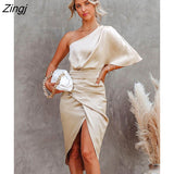 One Shoulder Irregular Hem Midi Dress For Women Solid Champagne Sexy Fitted Club Party Bodycon Dress 2023 Summer