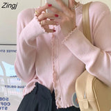 Women Sweet Slim Popular Spring Solid Students Single Breasted All-match Knitted O-neck Ulzzang Female Chic