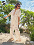 Women's Crochet Hollowed Out Lapel Single Breasted Top Set Chic Solid Printed Wide Leg Pants Suits 2024 Commuter Vacation