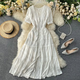 2022 Summer Women Long Party Dress Short Sleeve Red White Lace Vocation Maxi Tunic Beach