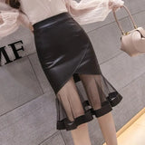 Black Faux Leather Mesh Frill Patchwork Pencil Midi Skirt- Outfit