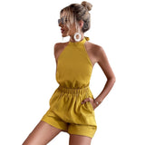 Women's Sexy Rompers Playsuits Casual Off Shoulder Elastic Waist Overalls Elegant Solid Backless Bow Slim Short