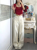 Women Casual Bandage Design Off White Cargo Pants 2023 Autumn High Waist Loose Harajuku Wide Leg Lace Up Mopping Trousers