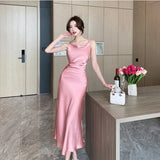 Sexy Backless Satin Midi Dresses for Women 2023 Elegant Party Sleeveless Casual Vintage Robe Female Fashion Prom