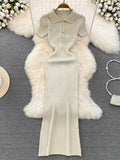 Sleeve Polo Collar Knitted Bodycon Long Dress Women Fashion 2023 Summer Black Sweater Dress Female Streetwear
