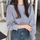 Solid Lantern Sleeve Blouse Women Fashion Casual Office Lady Chiffon White Shirt Tops Spring Korean O-neck Basic