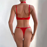 Velvet Hollow Out Halter Bra And Underwear Lingerie Set- Outfit