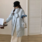 Scarf Long Down Jacket Female 2024 Winter Korean Sweet Thick Pocket Over The Knee White Duck Down High-End Coat-Outfit