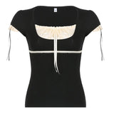 Zingj Court Square Collar Chest Pleated Belt Solid Color Shoulder Short Sleeve T-Shirt
