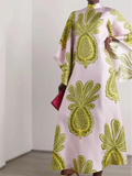 Women Vintage Print Spliced Lace Up Maxi Dress with ribbon Casual Loose V Neck Flare Sleeves Dresses Summer Lady Elegant